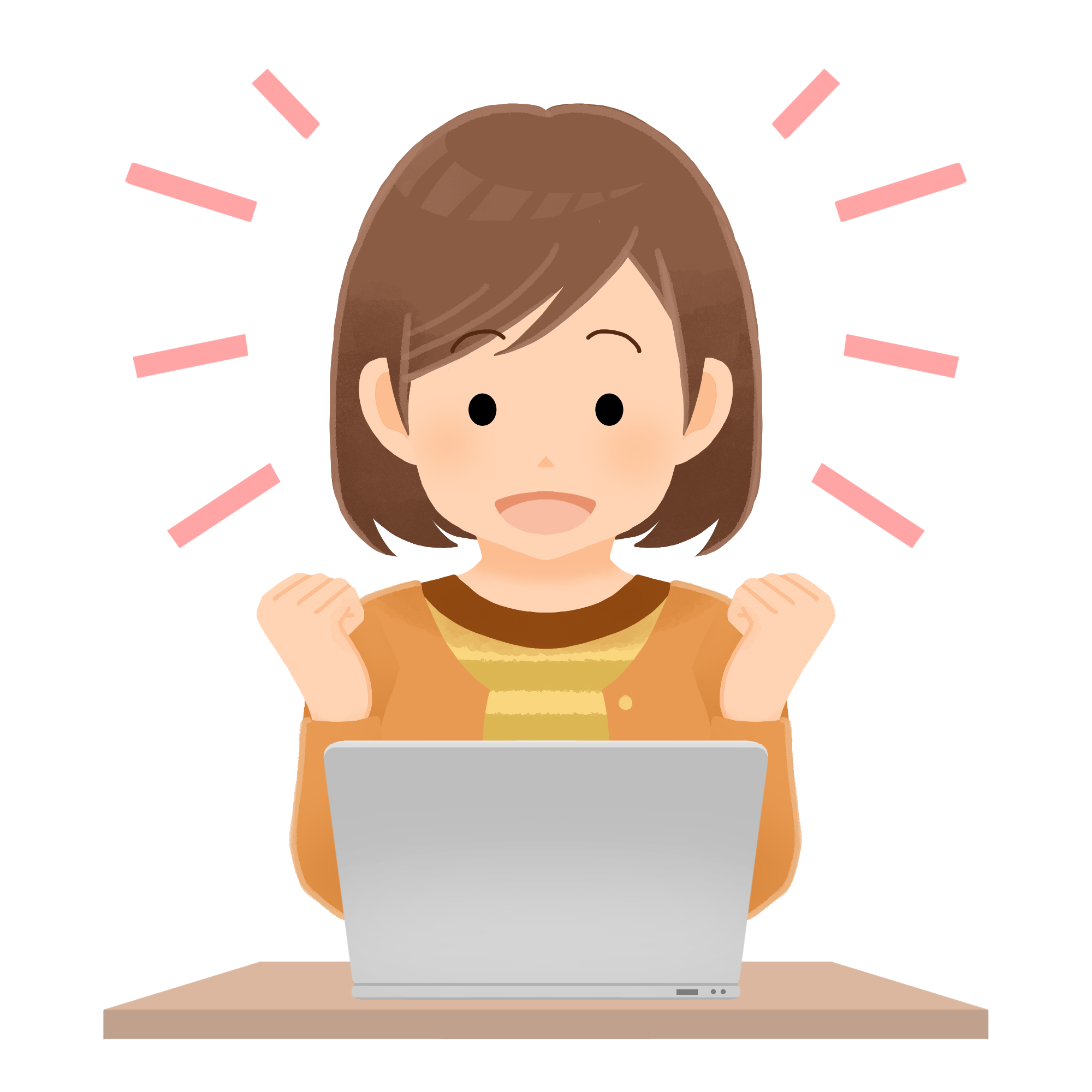 パソコンの前で笑顔の一般人女性のイラスト エコのモト