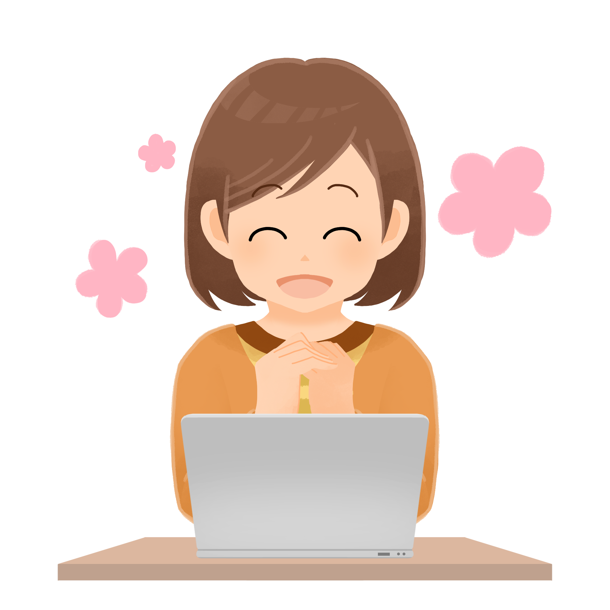 パソコンの前で満面の笑みを浮かべる一般人女性のイラスト エコのモト