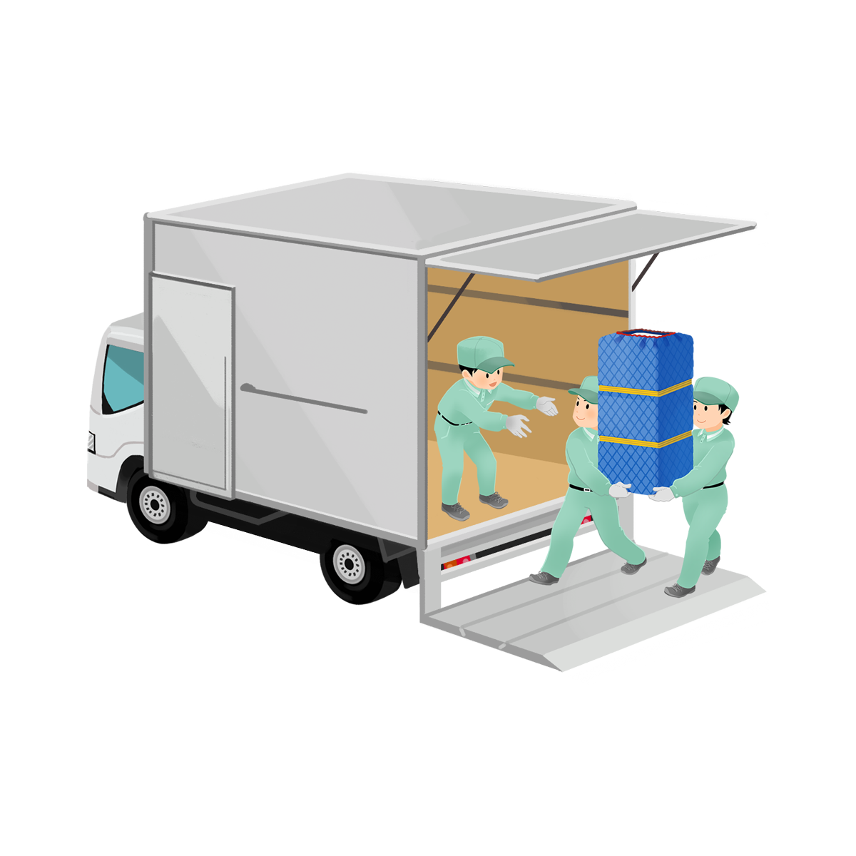 箱トラックに大きな荷物を積み込む回収スタッフのイラスト エコのモト