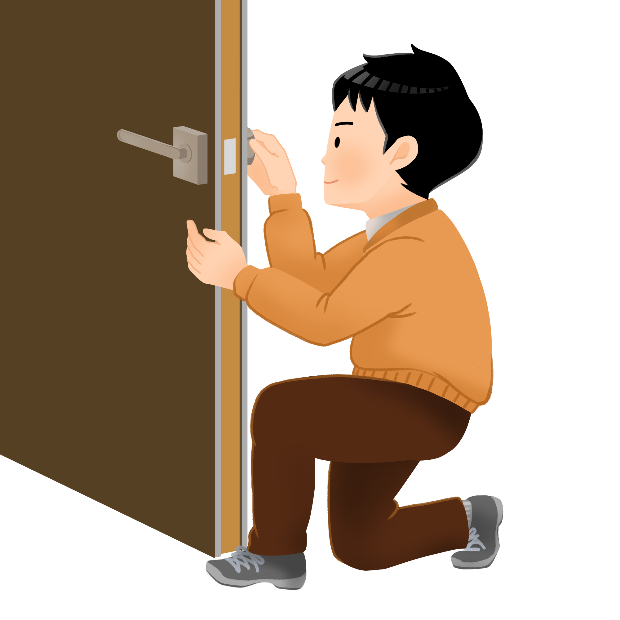 玄関ドアの鍵を解錠する男性スタッフのイラスト エコのモト