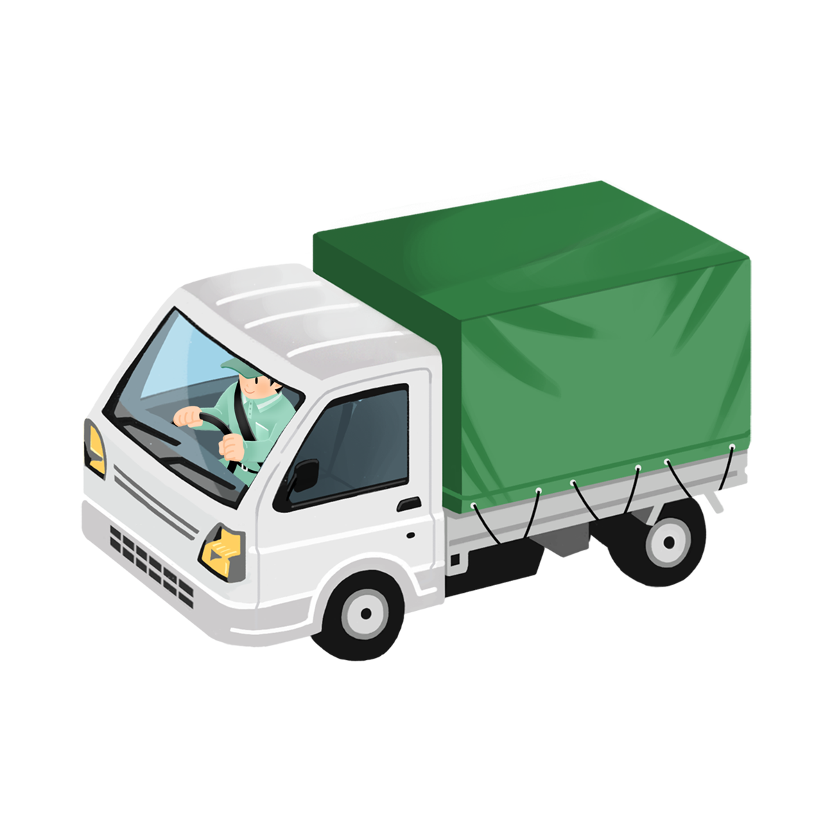 幌付き軽トラックを運転する回収作業員の商用フリーな無料イラスト 人物