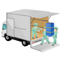 箱トラックに大きな荷物を積み込む回収スタッフの商用フリーな無料イラスト